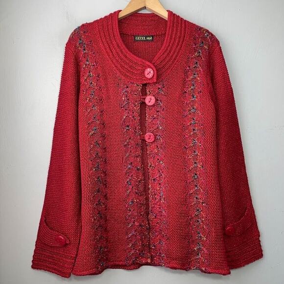 Gizel Sweaters - Gizel Cardigan Plus Size 1X Artsy Red Button Sweater Lagenlook Wearable Art
